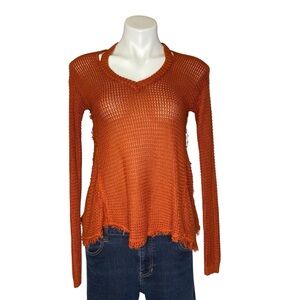 HIPPIE LAUNDRY Distressed Hem Knit Pullover V Neck Sweater Orange Small